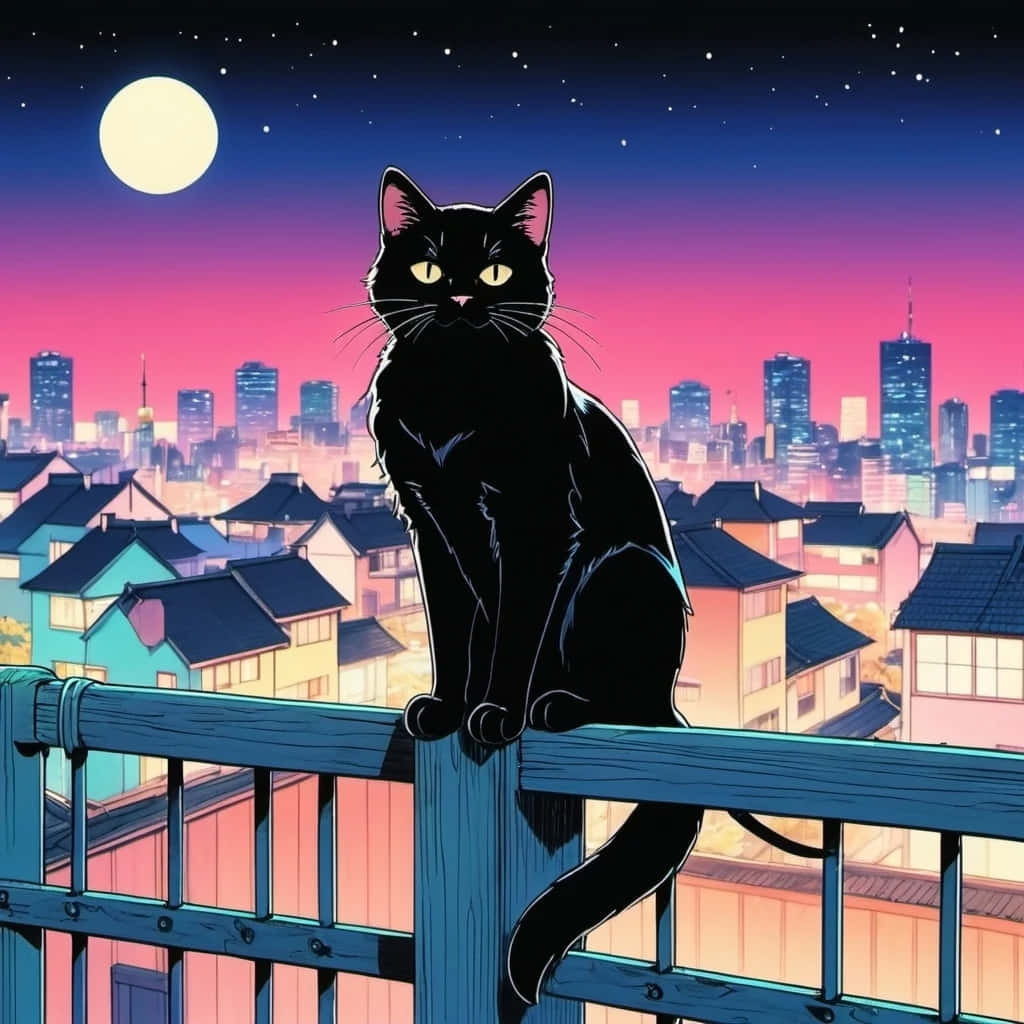 Black Cat Urban Nightscape Aesthetic Wallpaper