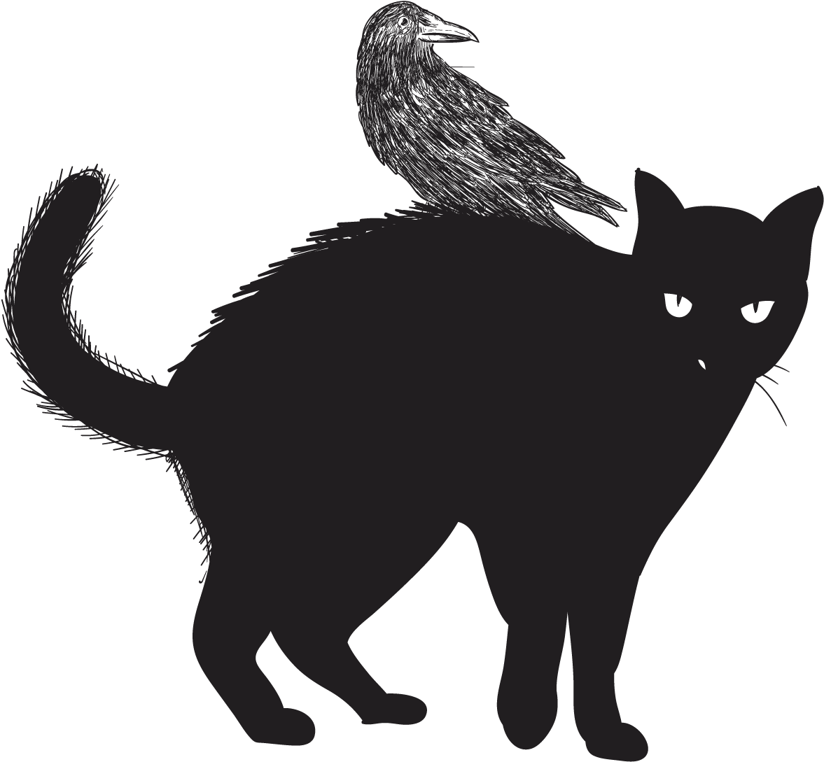 Black Catwith Raven Silhouette PNG
