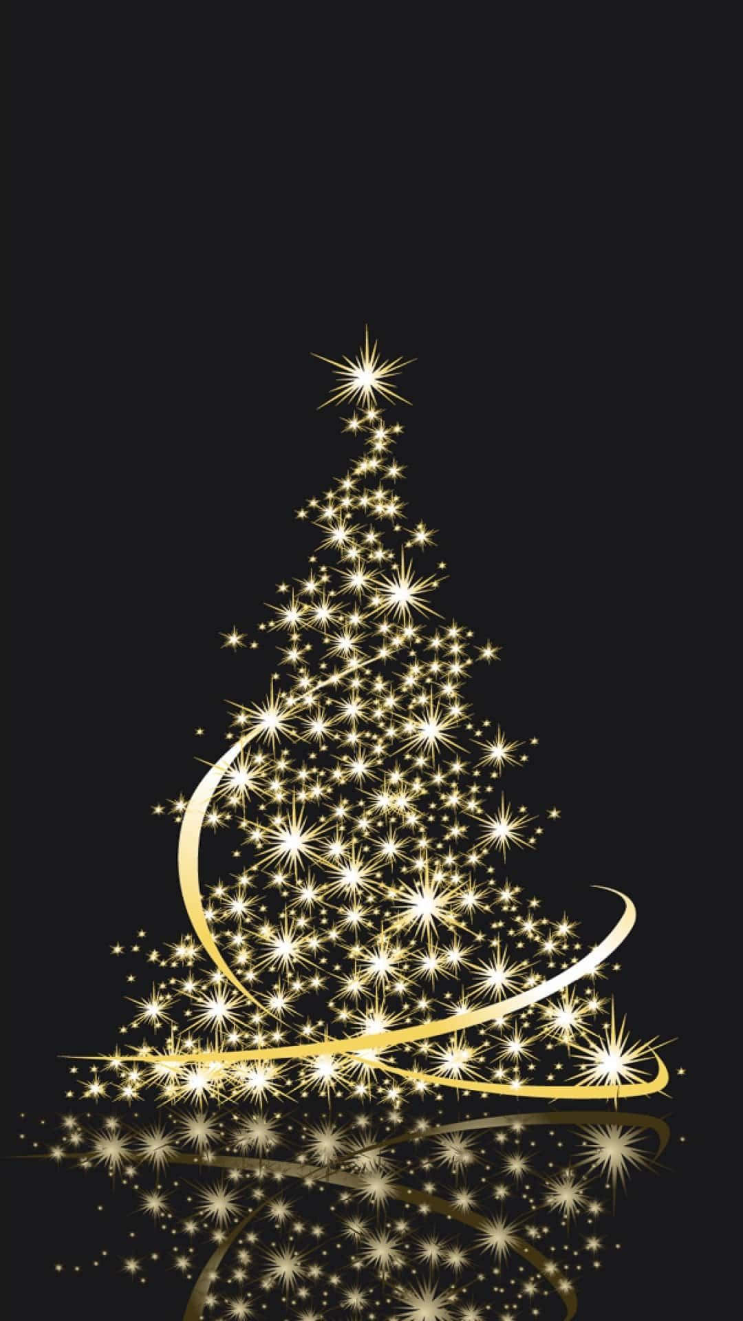 Christmas Tree With Golden Stars On Black Background