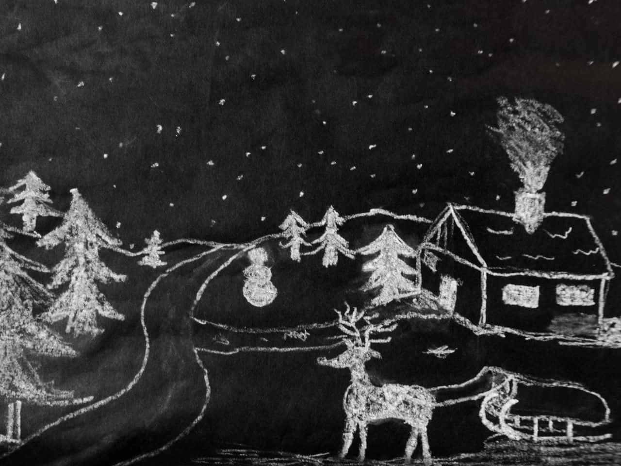 A Chalk Drawing Of A Christmas Scene With A House And Reindeer