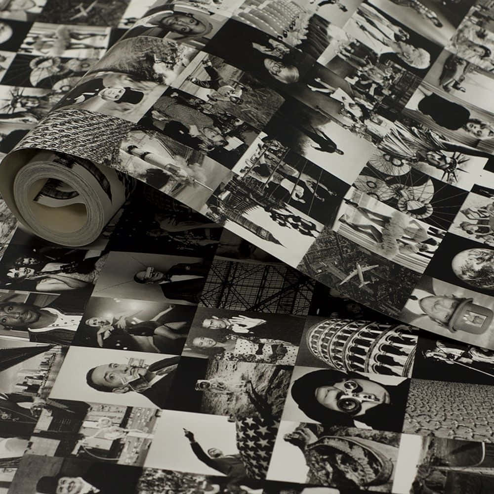 A Black And White Photo Paper With Many Pictures On It Wallpaper