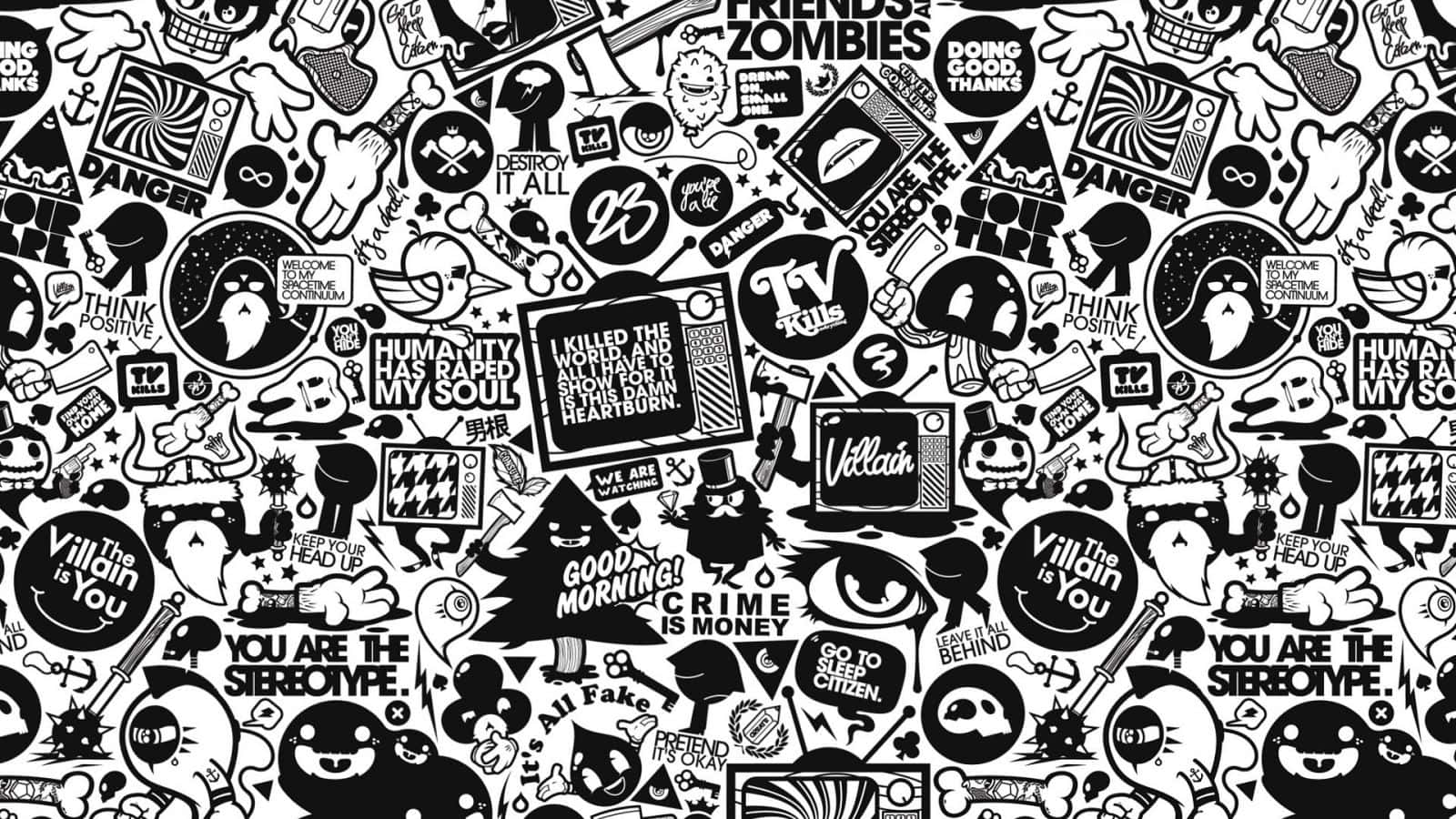 A Black And White Pattern With Many Different Things Wallpaper