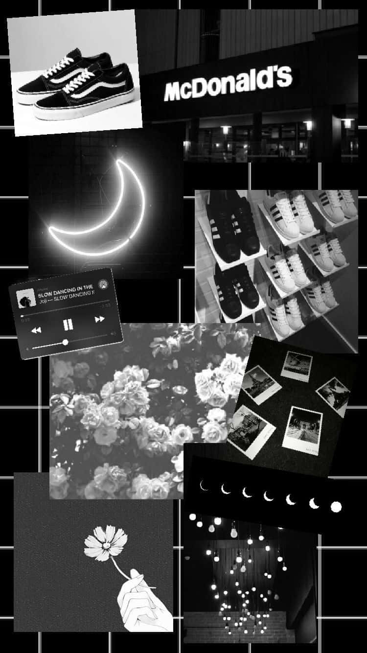 Moon And Flowers Black Collage Wallpaper