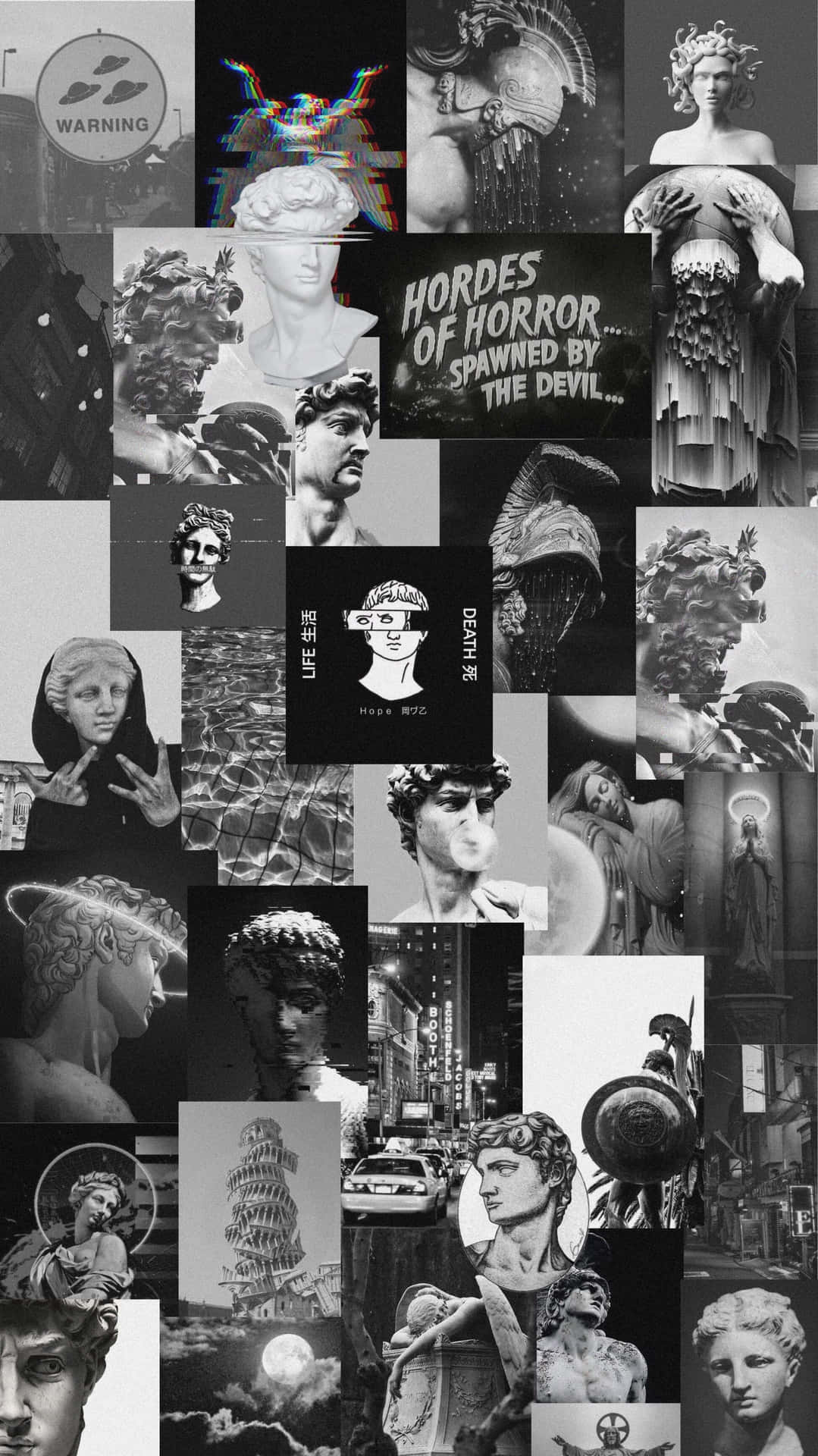 A Collage Of Black And White Images Of Various Statues Wallpaper