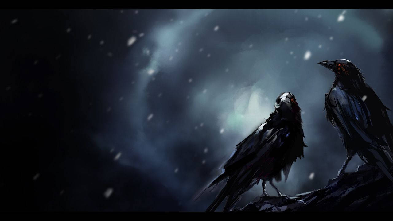 Animated black crows in circular black and grey background HD wallpaper.