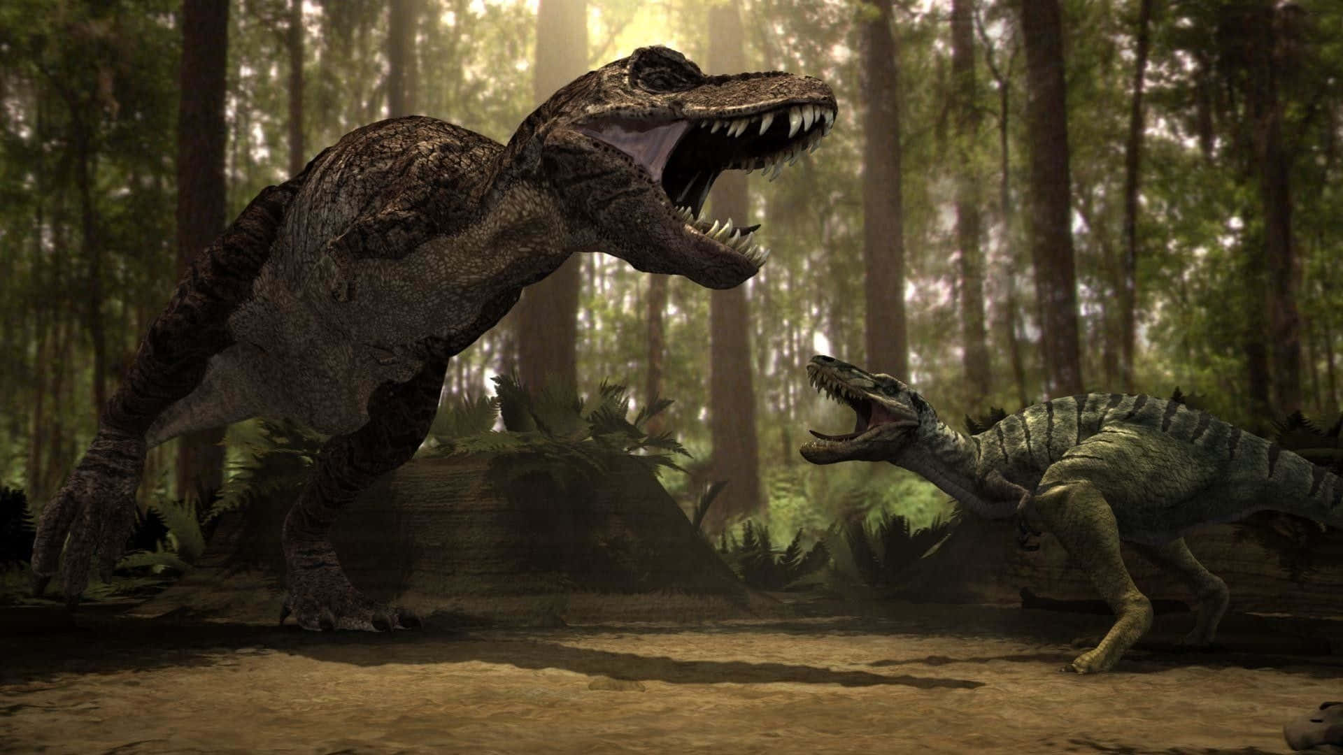 A stunning visual of a black dinosaur taking a walk in the forest Wallpaper