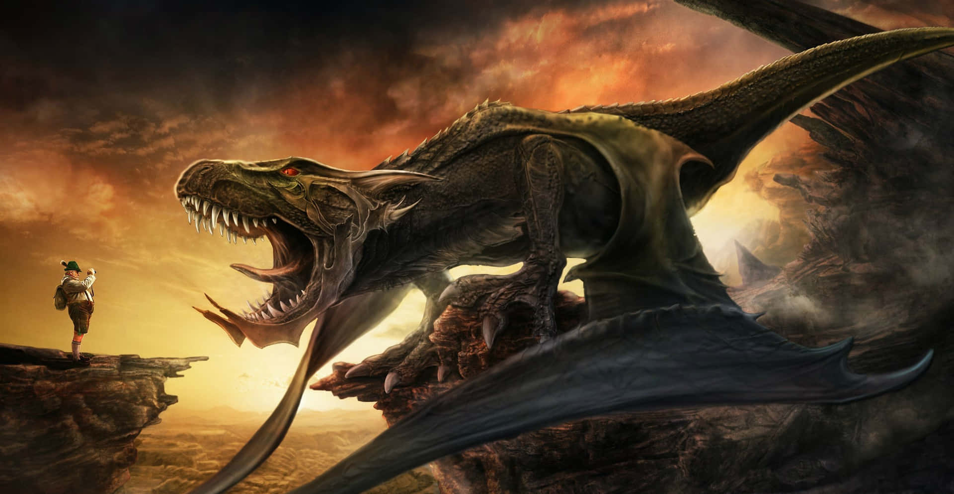 Svartdinosaurie T-rex Drake Fantasy. Wallpaper
