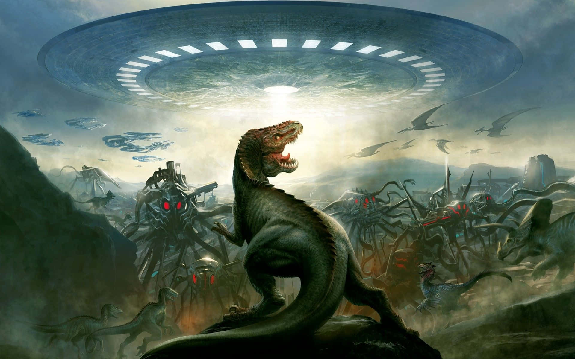 A Dinosaur Is Standing In Front Of A Spaceship Wallpaper