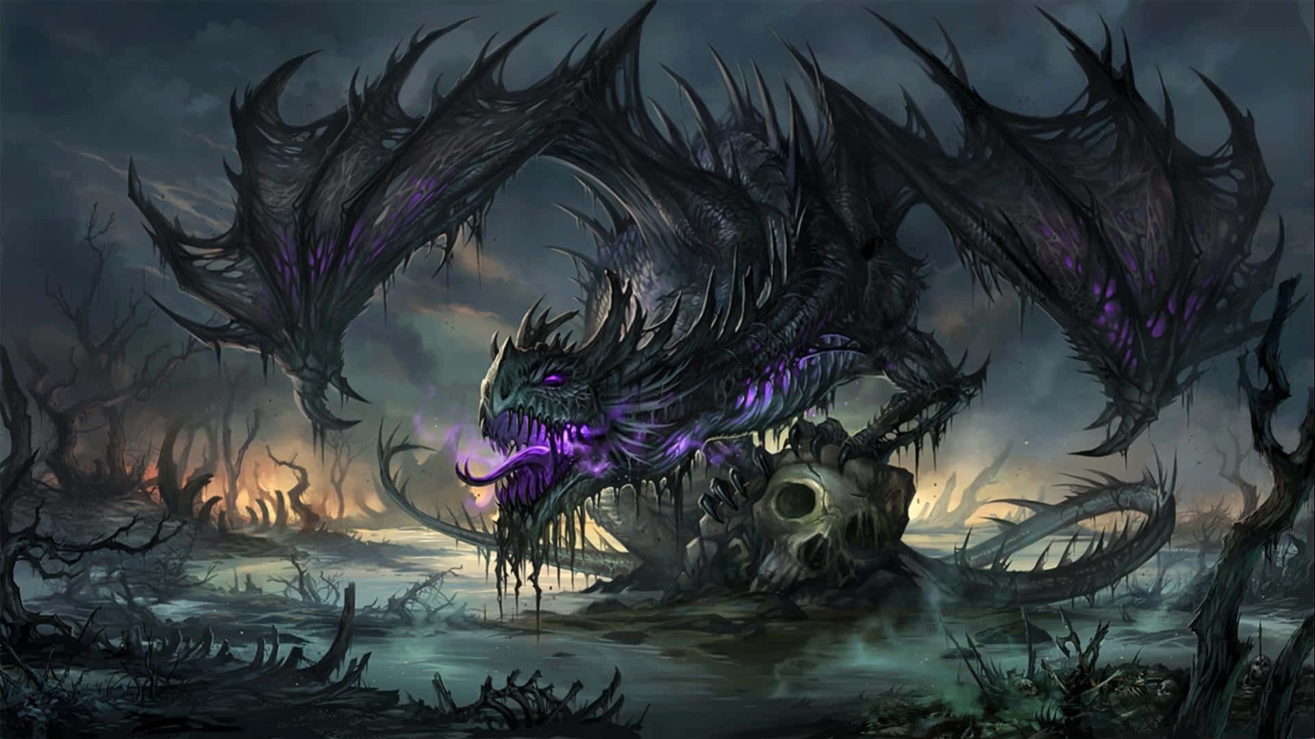 A Purple And Black Dragon In The Water Wallpaper