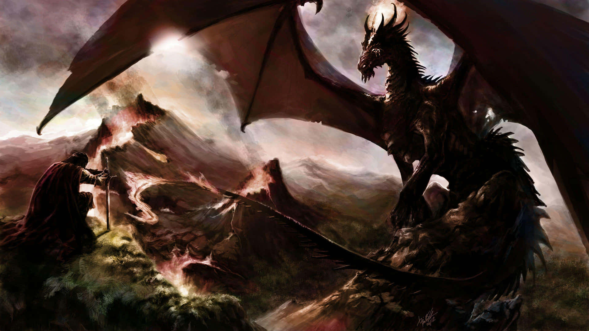 A black dragon stands ready to protect its hoard of treasures Wallpaper