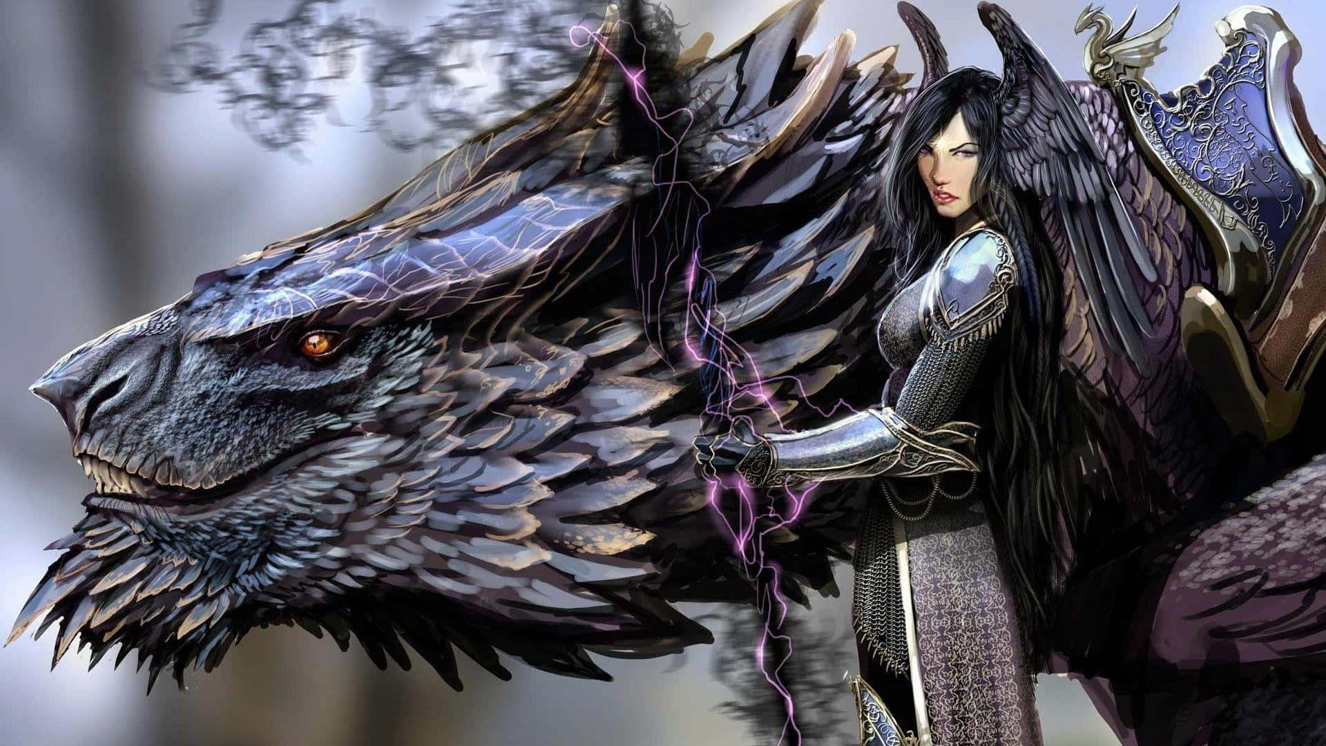 Female Warrior With A Black Dragon Wallpaper