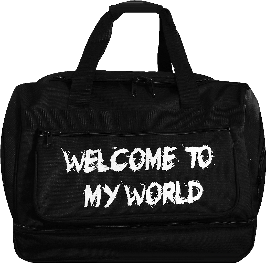 Black Duffle Bag Welcome To My World Print PNG