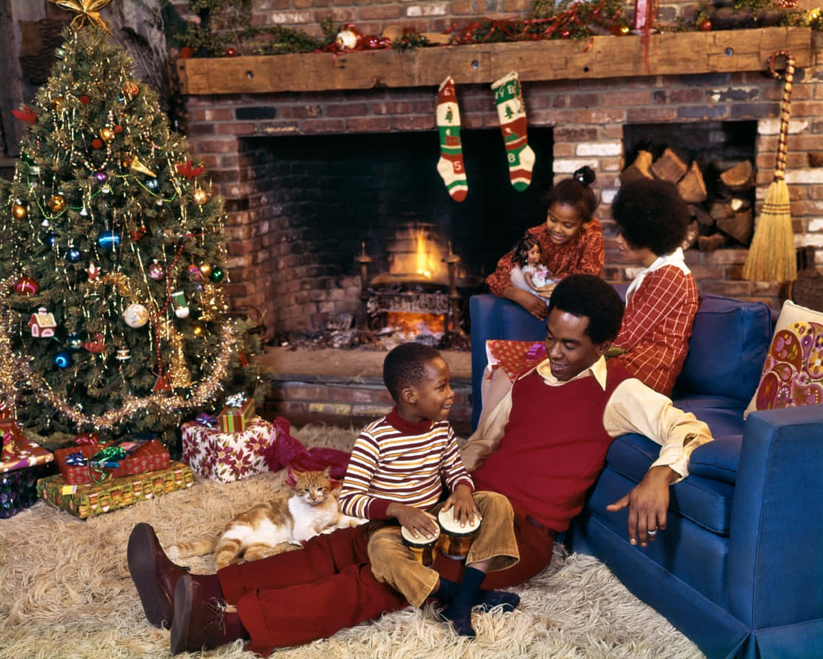 Black Family Christmas With Fireplace Picture