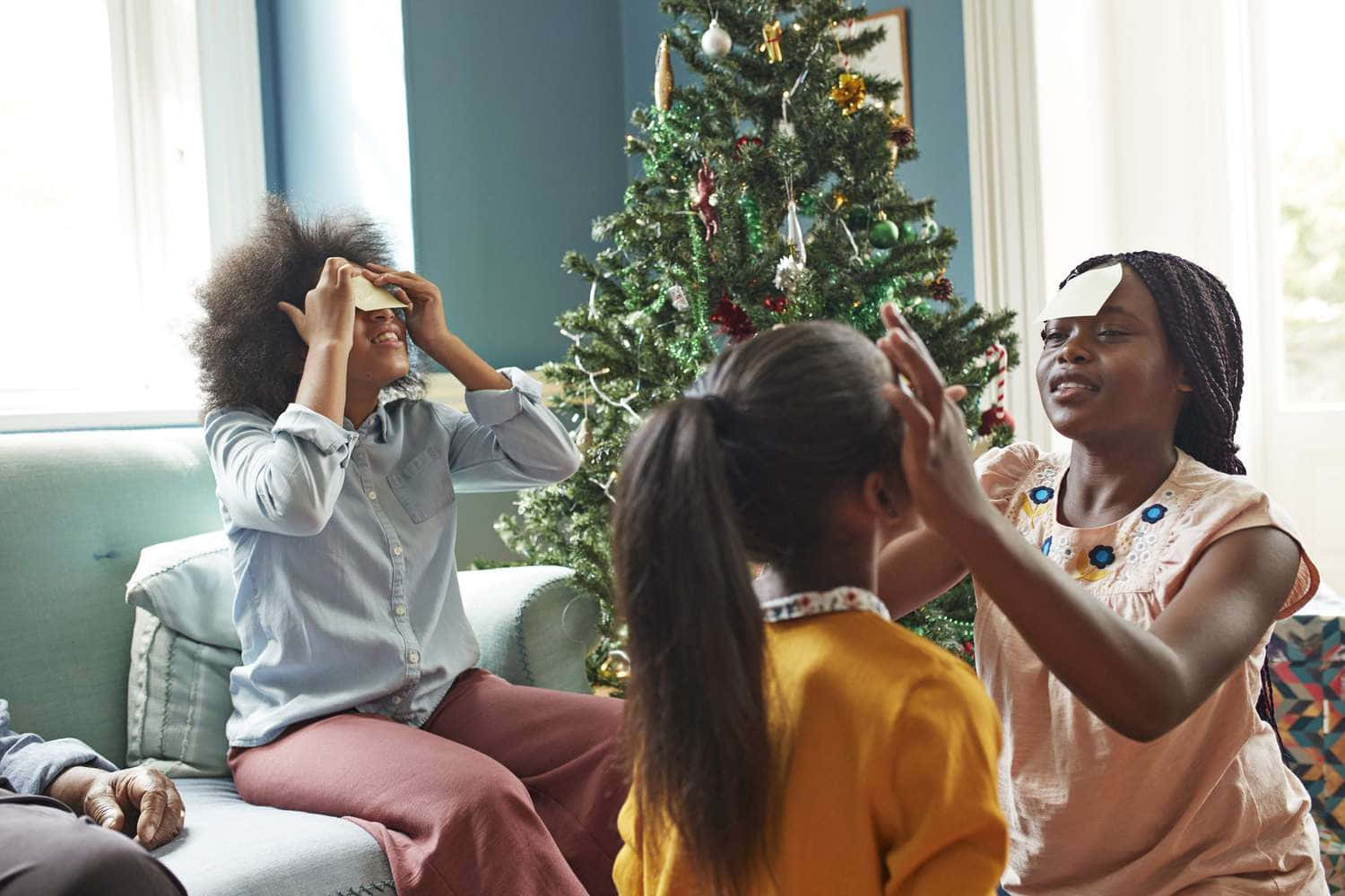 Girl Kids Playing Black Family Christmas Picture