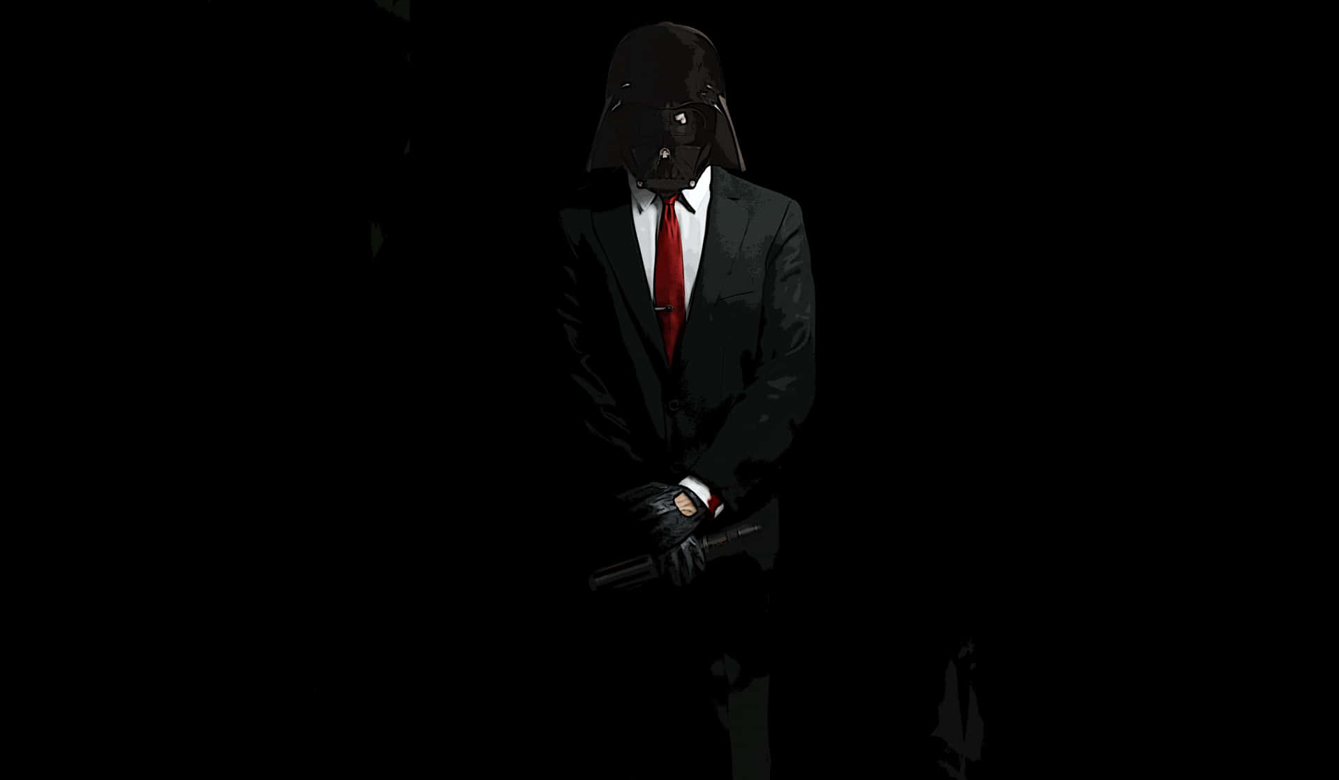 En mand i sort jakkesæt og fedora, omfavnende det gangsterliv. Wallpaper