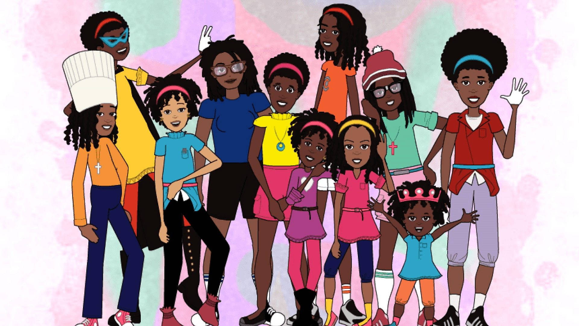 En tegneserieillustration af en gruppe sorte børn med farverige balloner Wallpaper