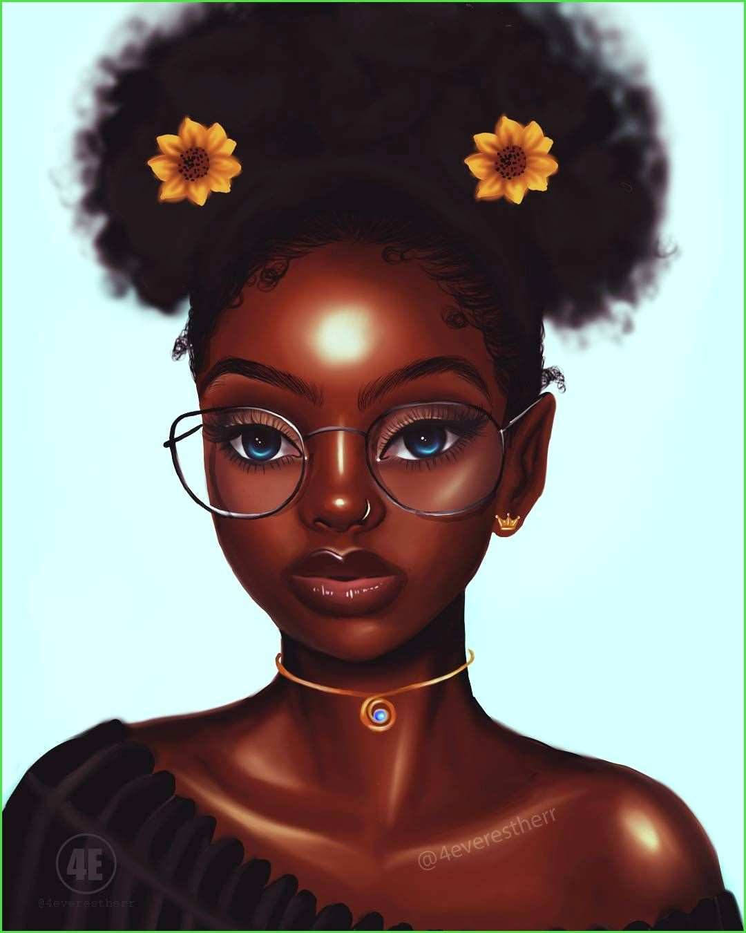 En sort pige med briller og blomster Wallpaper