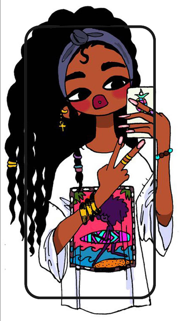 En tegnefilm pige med langt hår, der holder en mobiltelefon Wallpaper