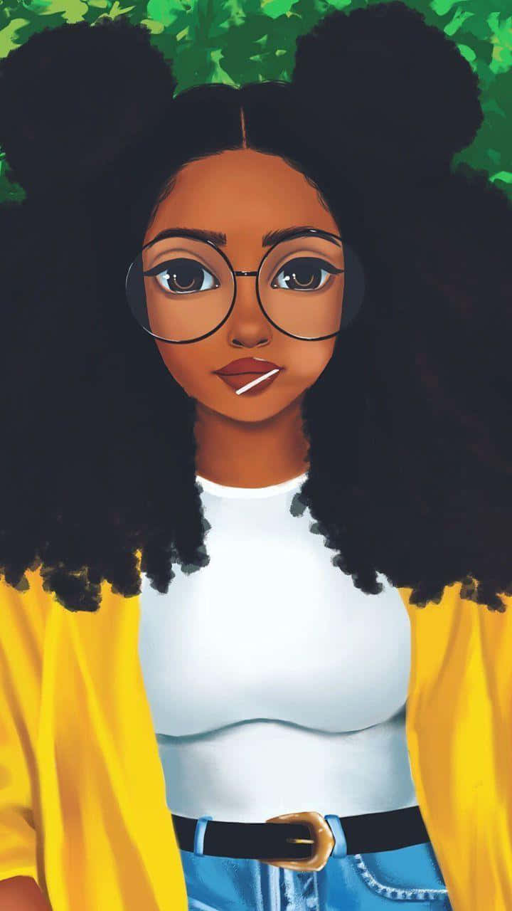 En sort pige med briller og en gul jakke Wallpaper