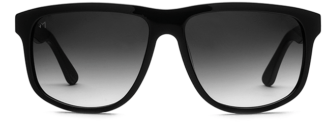 Black Gradient Sunglasses PNG — Bold black rectangular sunglasses with gradient gray lenses rest on a white surface against a stark black background.