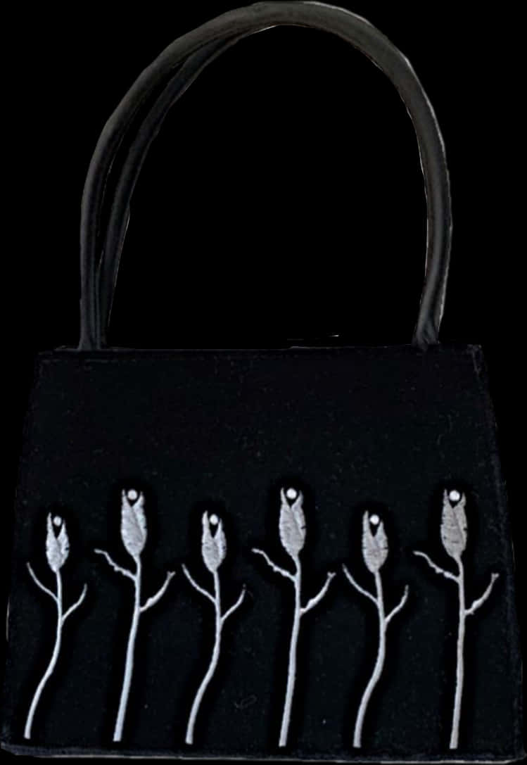 Black Handbag White Rose Embroidery PNG