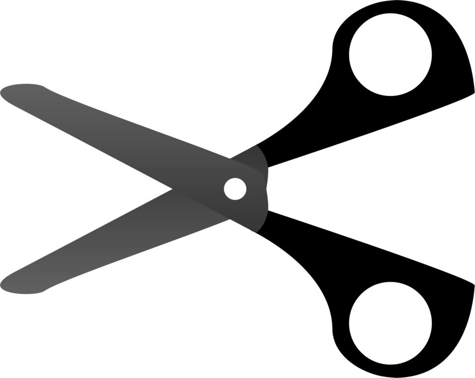 Black Handled Scissors Vector PNG — A minimalist gray pair of scissors with a black pivot point set against a solid black background.