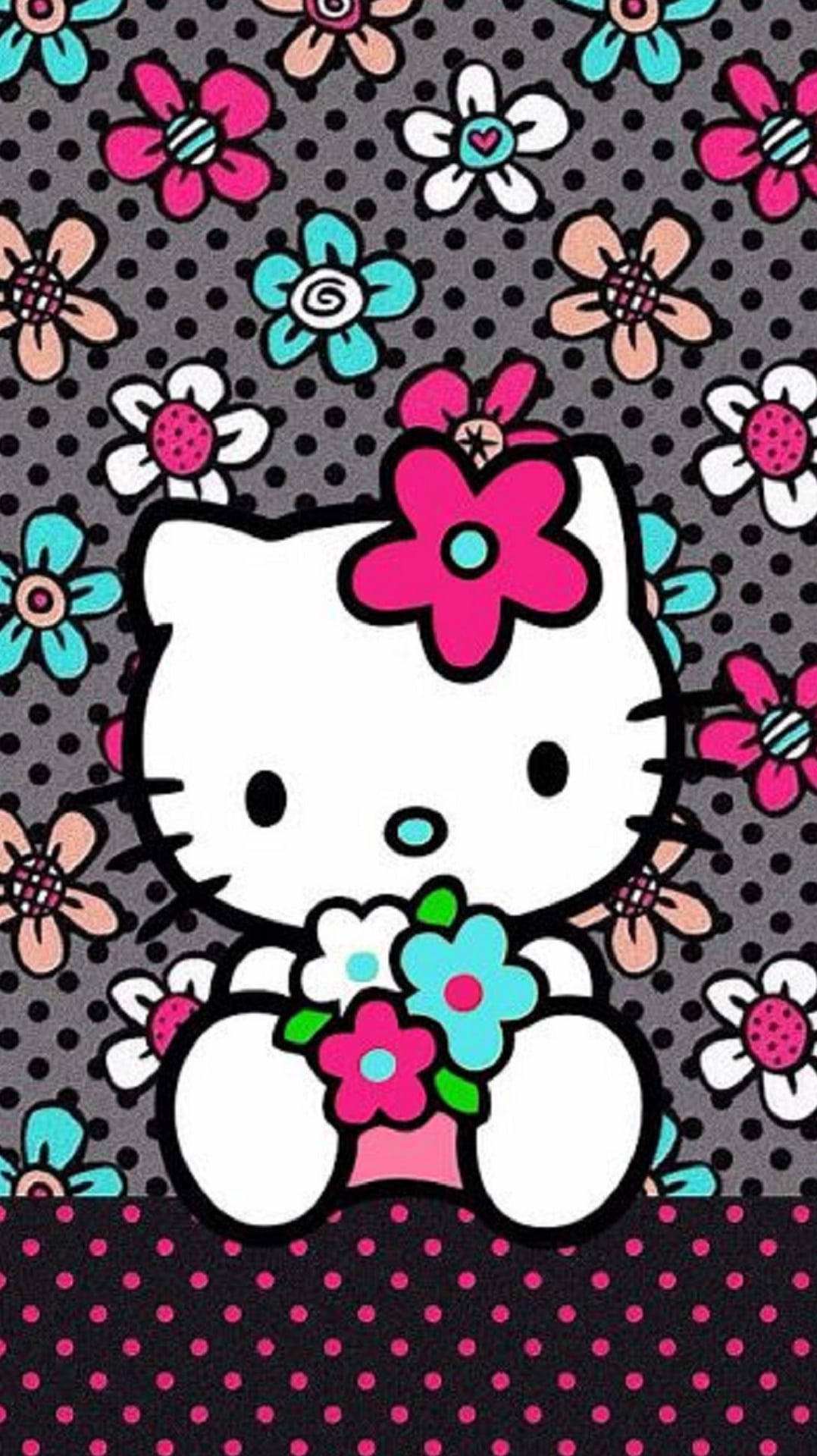 Black Hello Kitty With Flowers Wallpaper