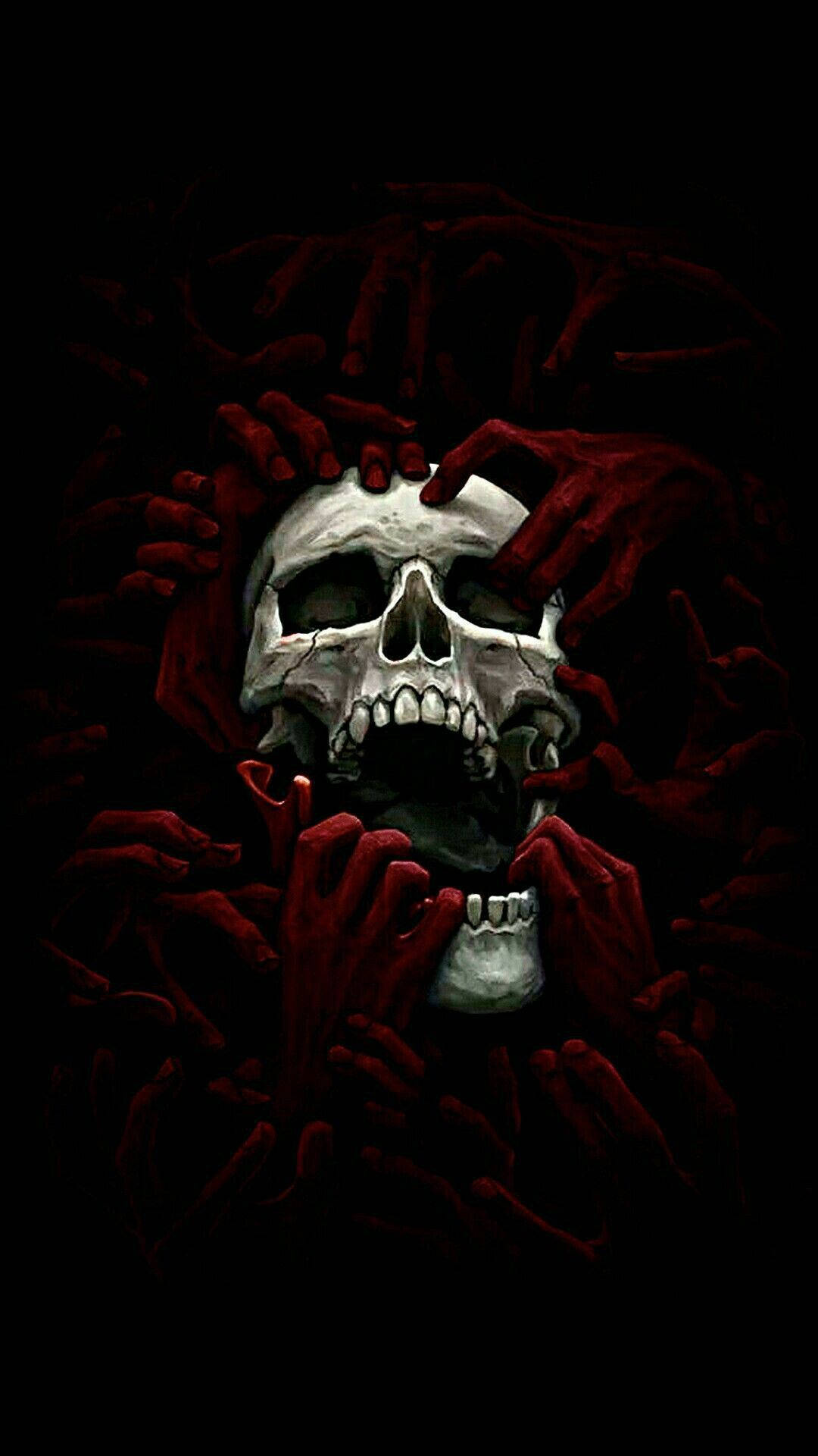 Black Horror Red Hands On Skull Wallpaper