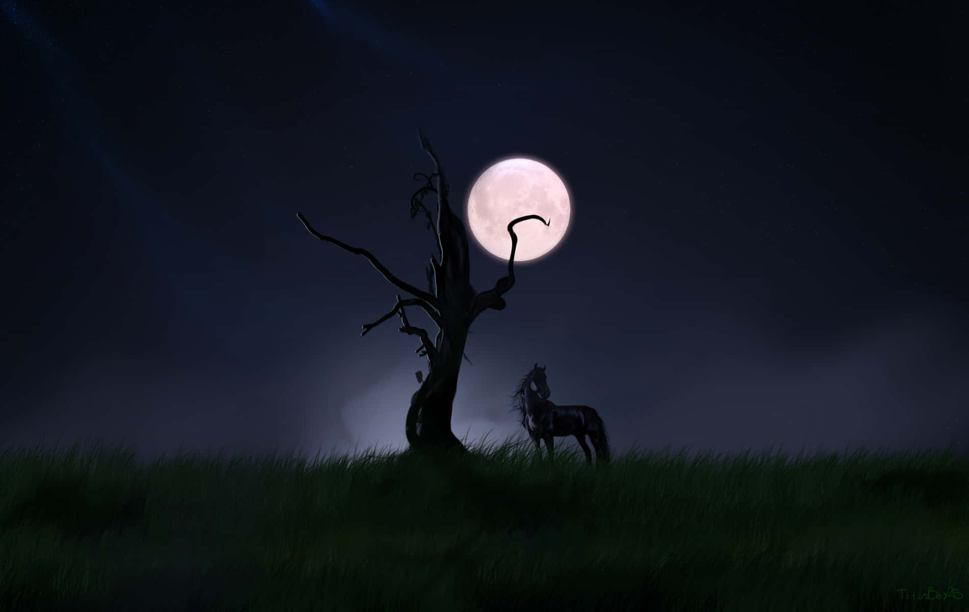 A Horse Standing In The Grass Under A Full Moon
