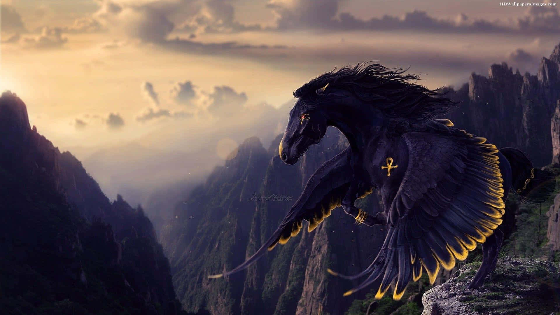 "A solitary black horse gracefully trotting through the wild grass."