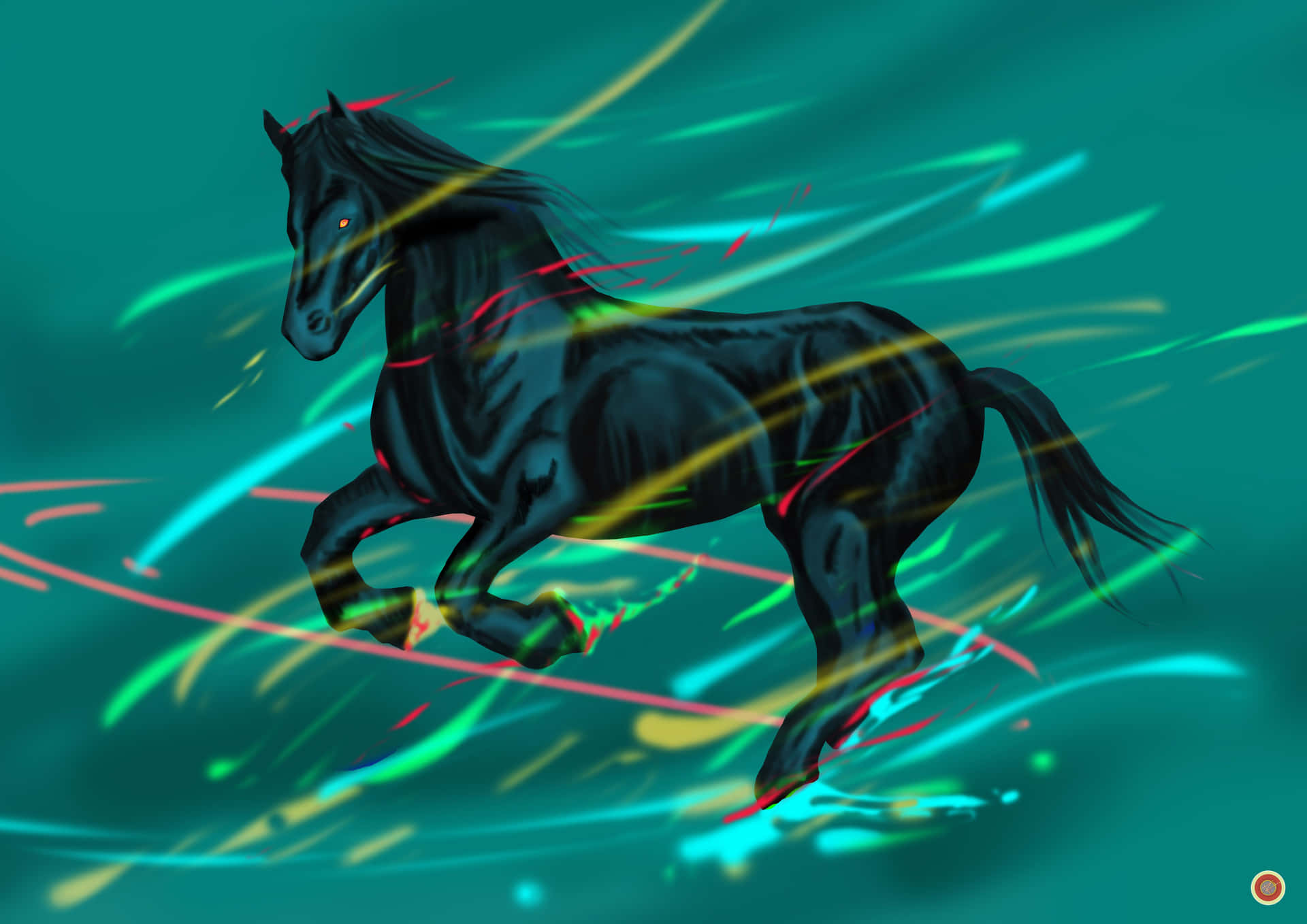 A Black Horse Running In A Colorful Pattern