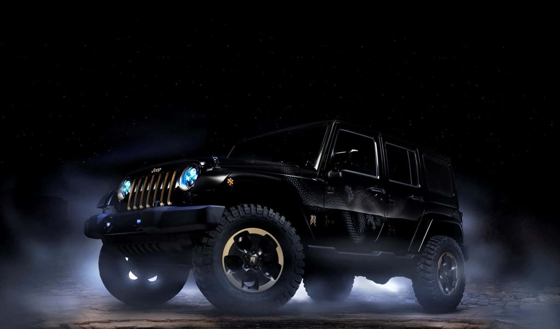 A Black Jeep Is Shown In The Dark