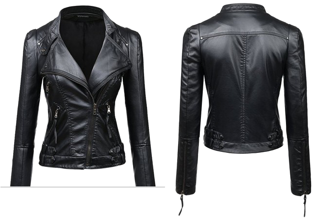 Black Leather Biker Jacket Front Back View PNG