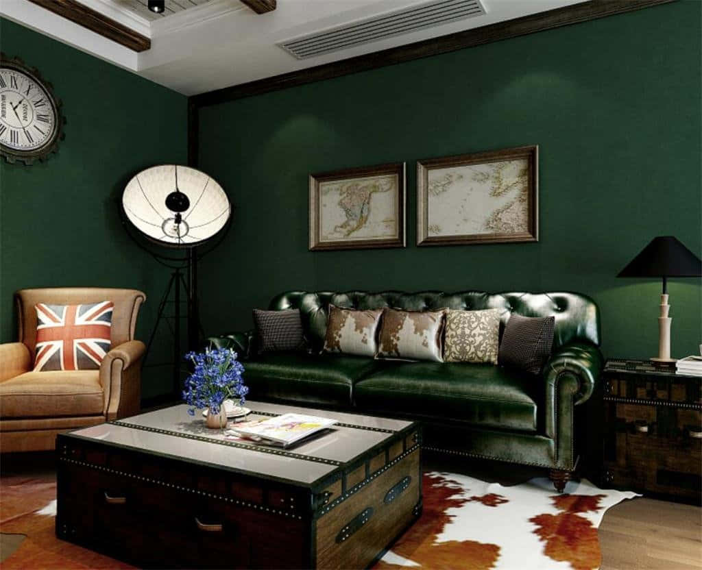 Black Leather Couch In Green Living Room Wallpaper