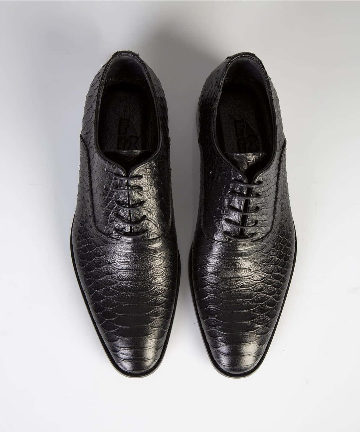 A Pair Of Black Crocodile Skin Shoes On A White Background