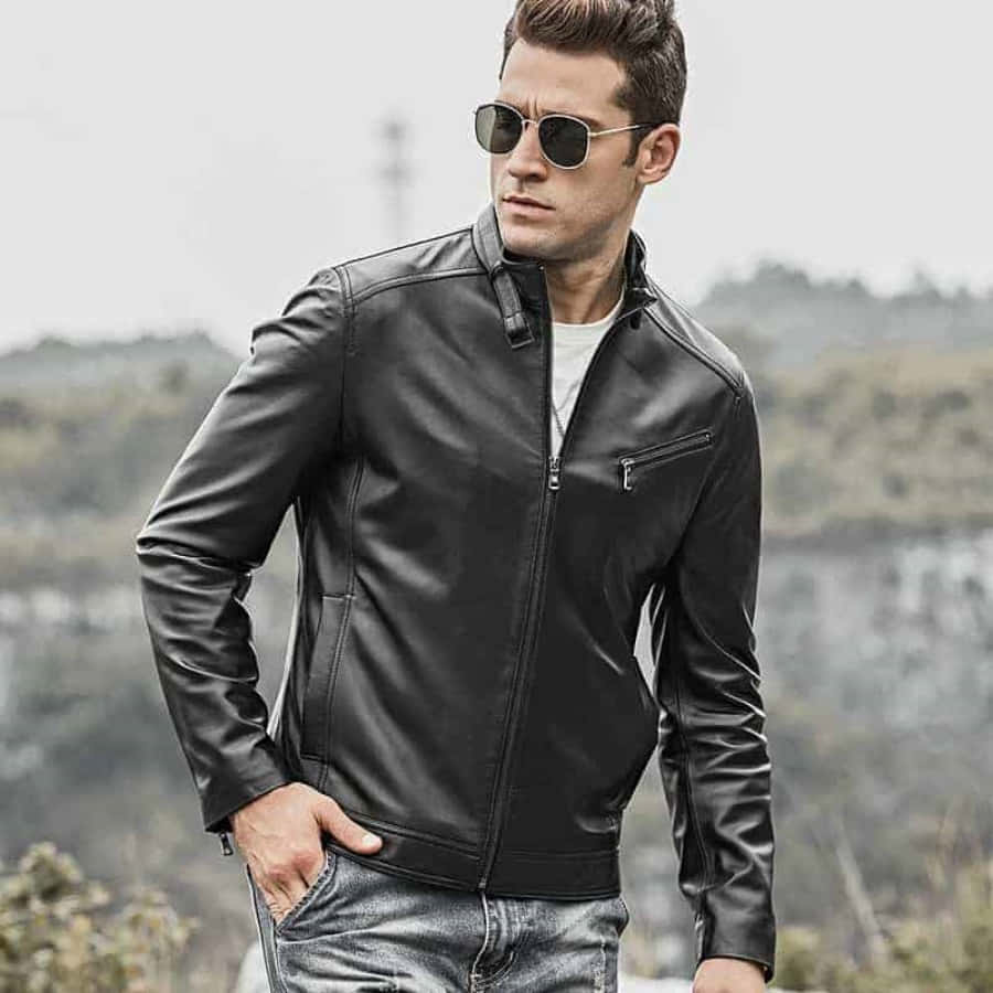 Download A Man In A Black Leather Jacket Is Walking Down The Road ...