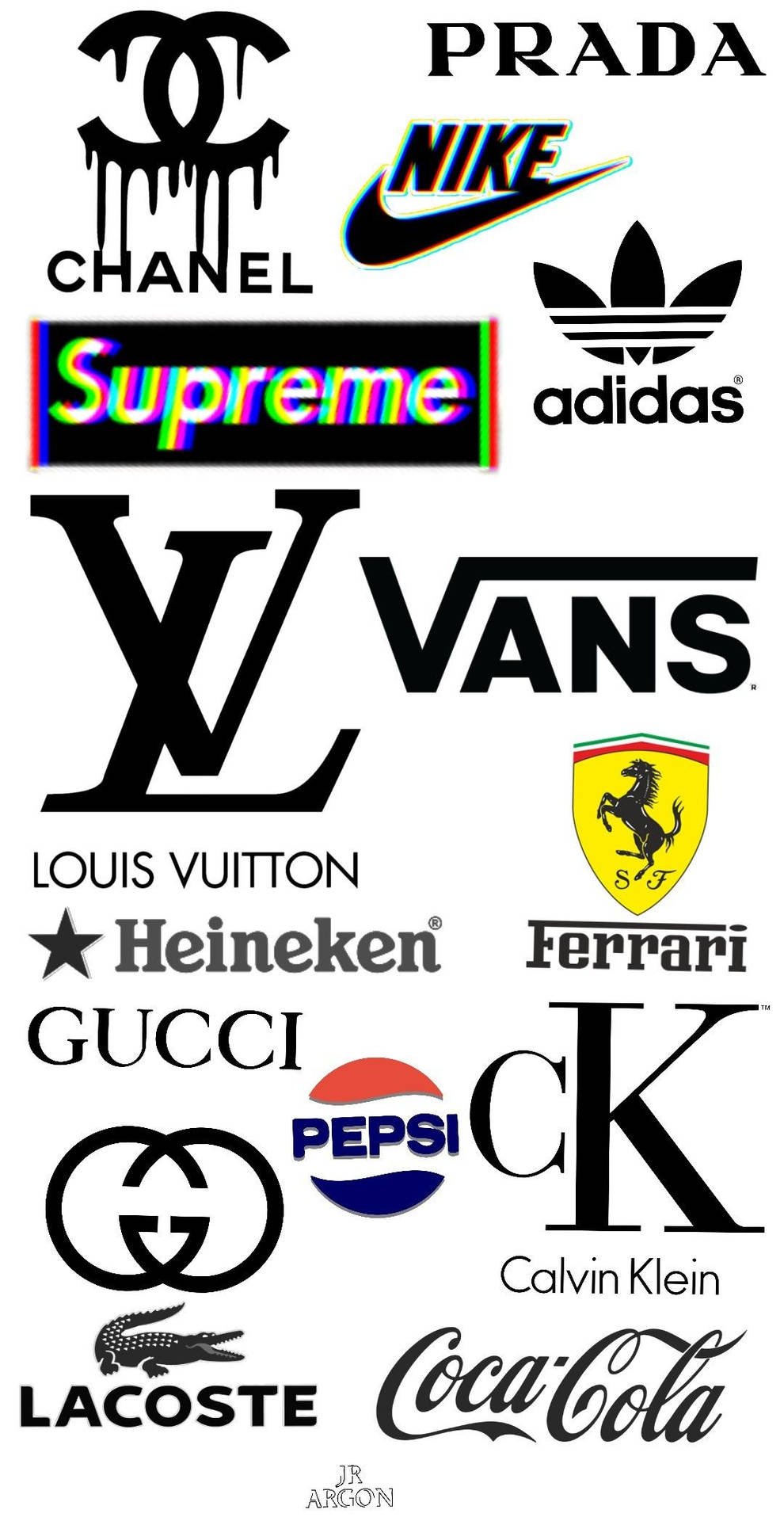 Sorte logoer fra luksuriøse tøjmærker danser over skærmen. Wallpaper