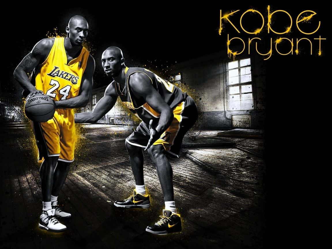 Den legendariske atlet Kobe Bryant, den sorte mamba, står i dominans mod sin skriftbaggrund. Wallpaper