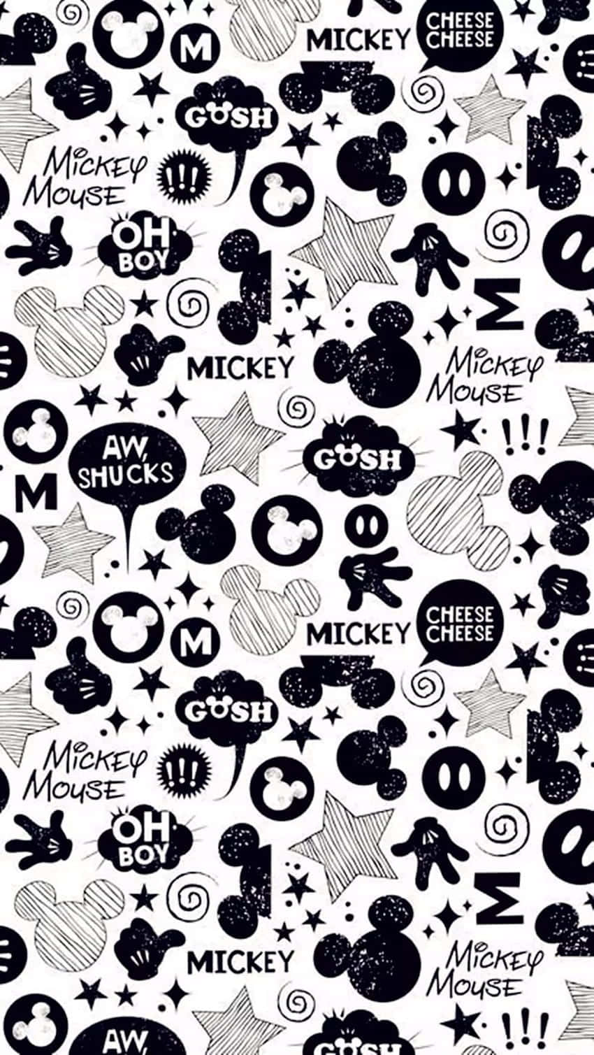 Et sort-hvid mønster med Mickey Mouse og andre figurer spredt igennem det hele. Wallpaper