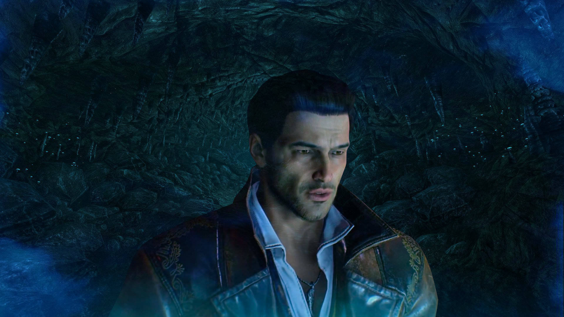 A Man In A Jacket Standing In A Cave Wallpaper