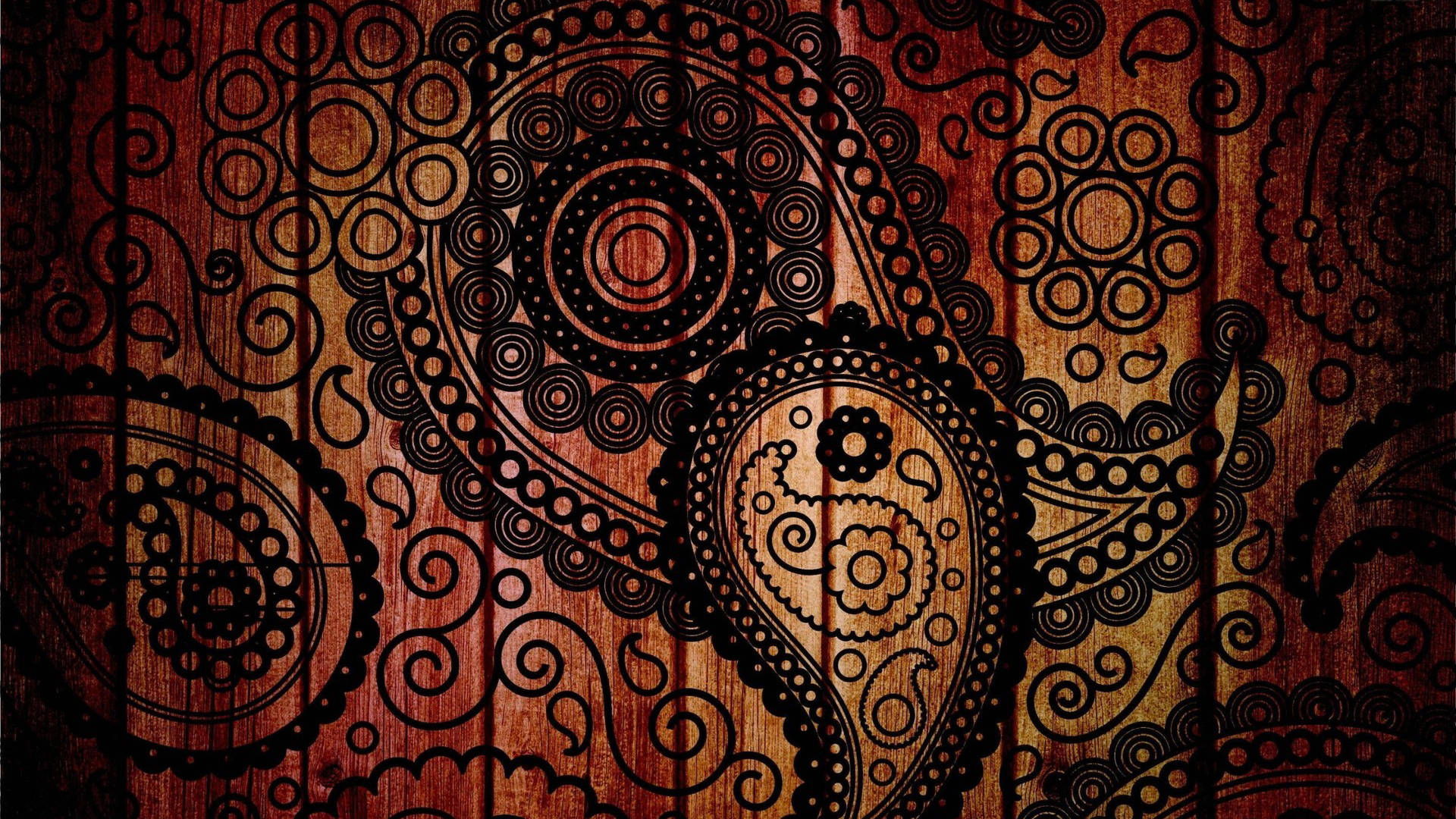 Black Paisley Print On Wood Wallpaper