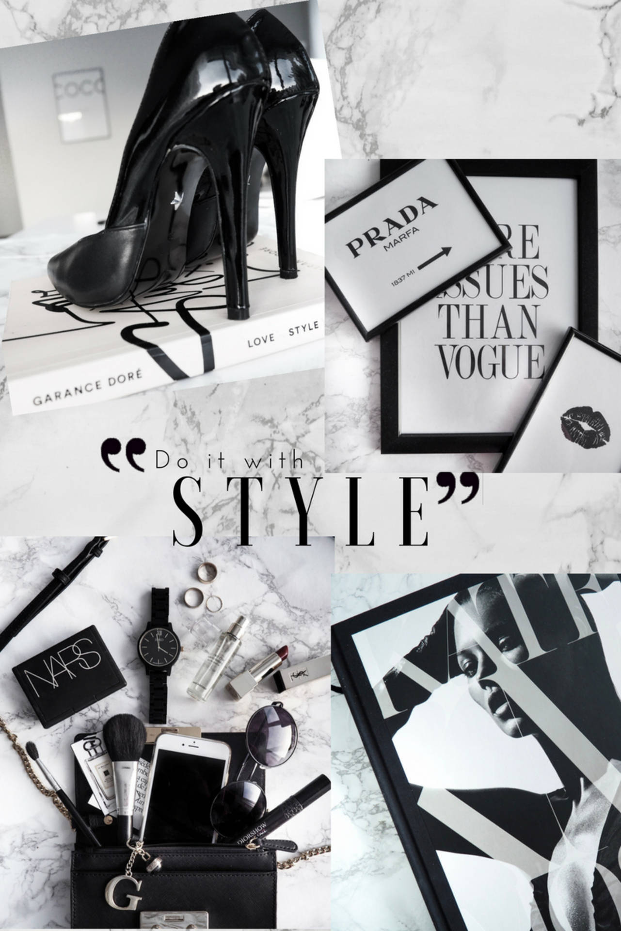 Black Prada fashion collage phone wallpaper.
