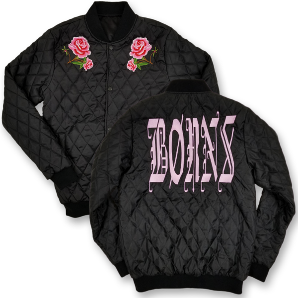 Black Quilted Jacketwith Rose Embroideryand Text Graphic PNG