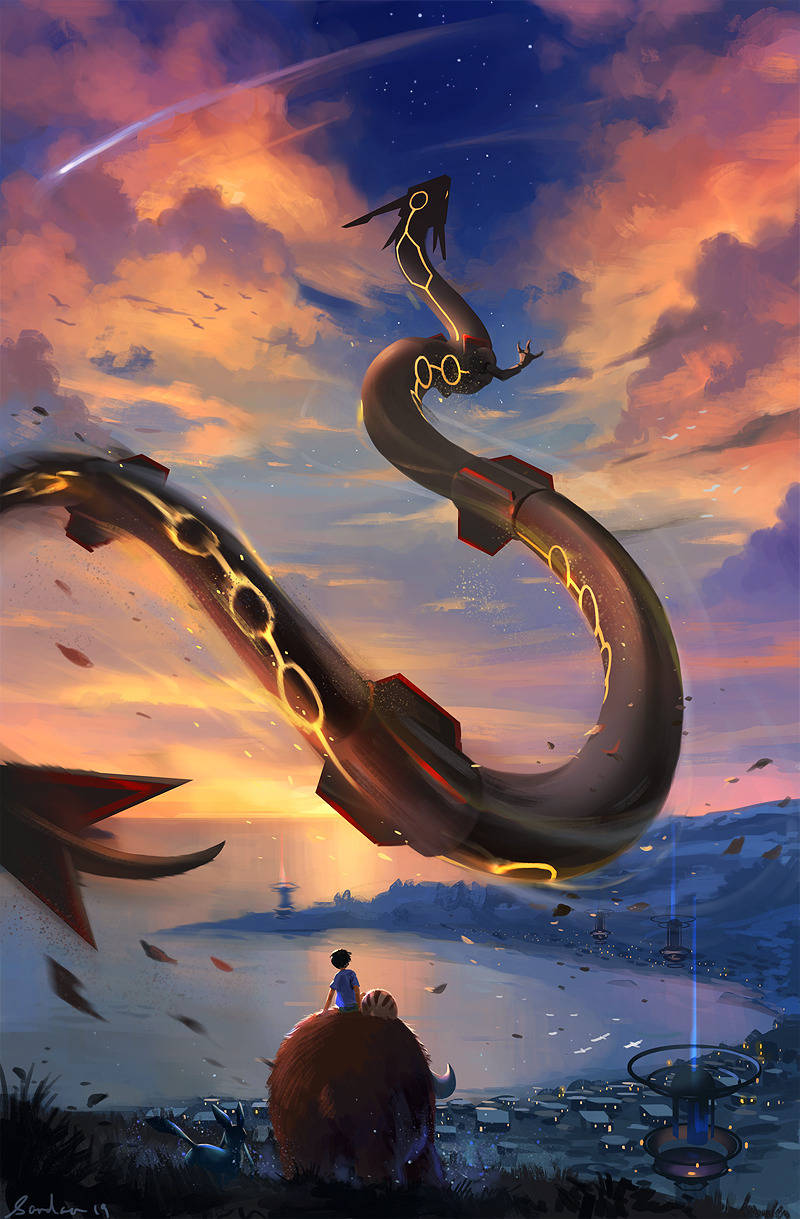 A majestic Rayquaza bathed in the golden light of a majestic sunset. Wallpaper