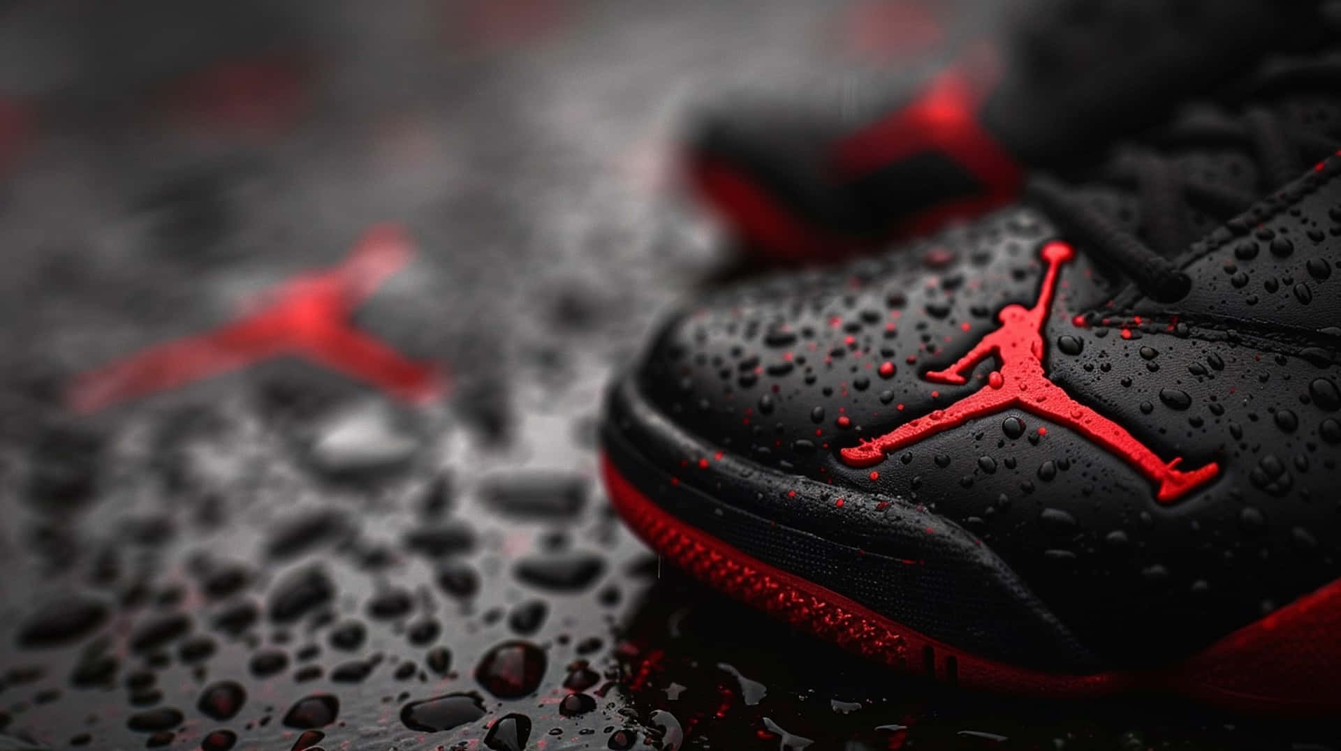 Black Red Jordan Sneakers Wet Surface Wallpaper