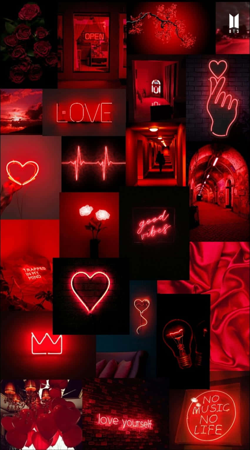 Einecollage Aus Roten Neonzeichen Und Herzen Wallpaper