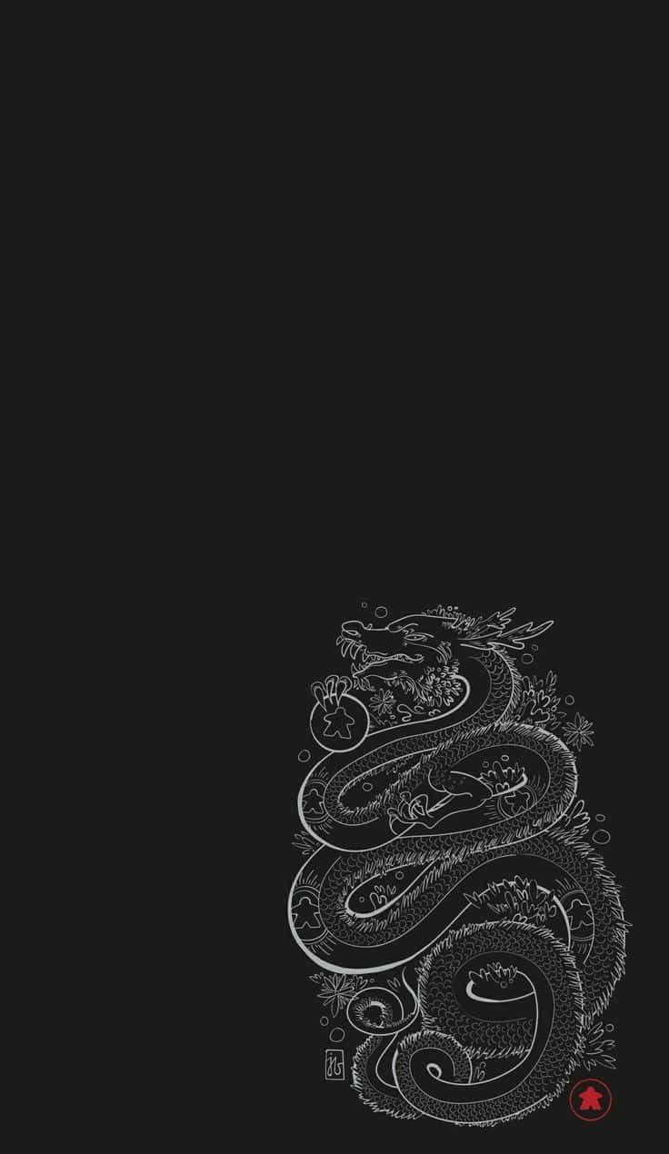 A Black And White Image Of A Dragon On A Black Background Wallpaper