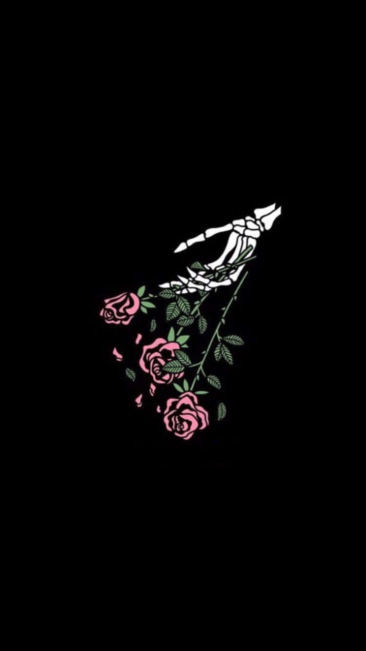 A Black Background With A Skeleton And Roses Wallpaper
