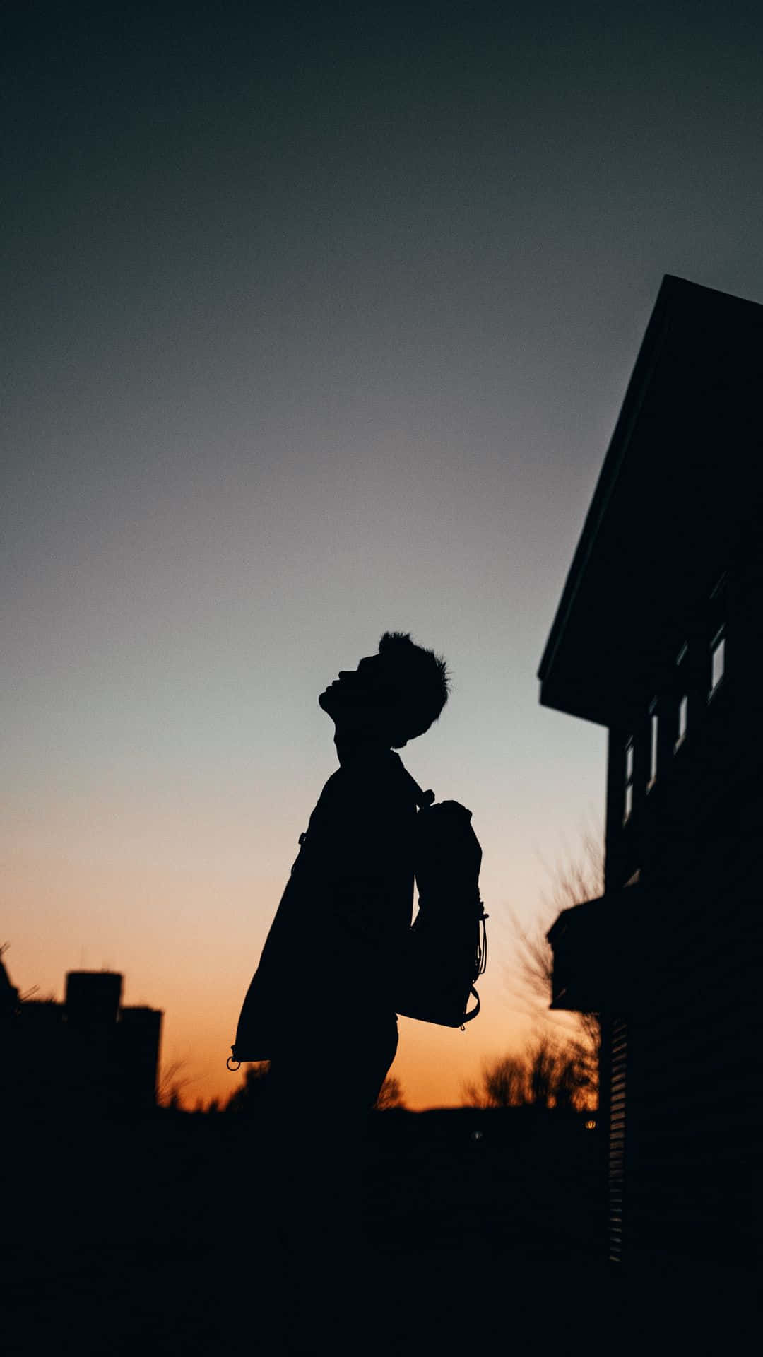 Silhouette Of A Man Standing In Front Of A House At Sunset