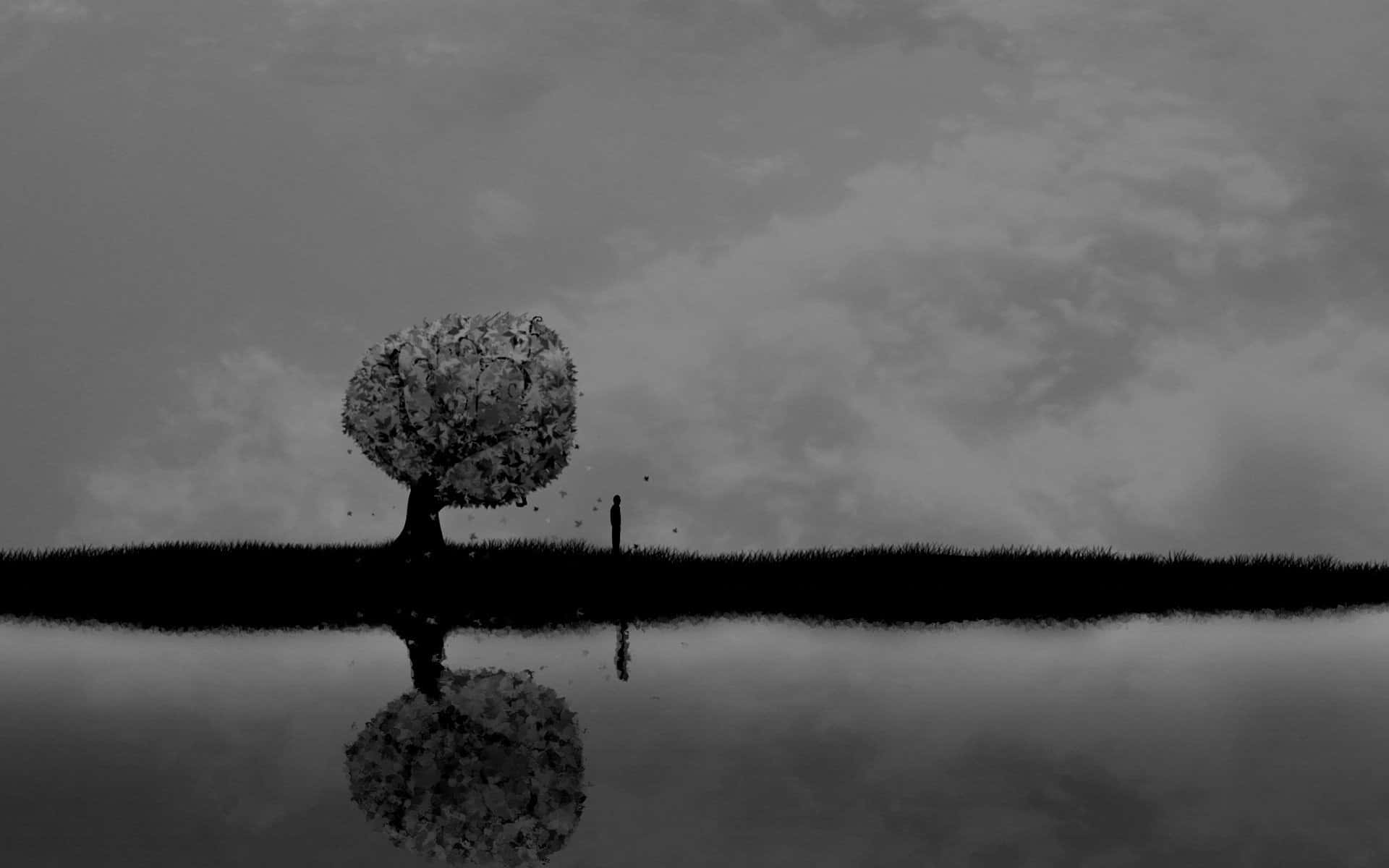 A Black And White Photo Of A Tree In The Water